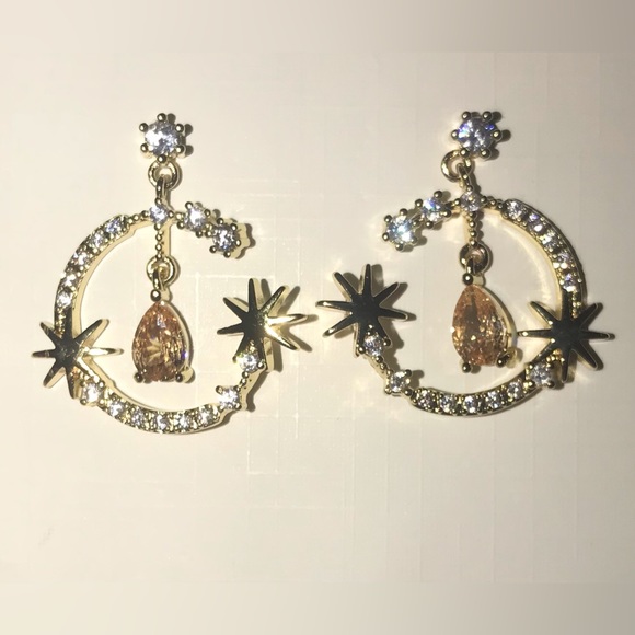 “Stardust Moon” Crystal Pave Crescent 8 Pt Star Morganite Peach Tear Gold Dangle - Picture 6 of 7